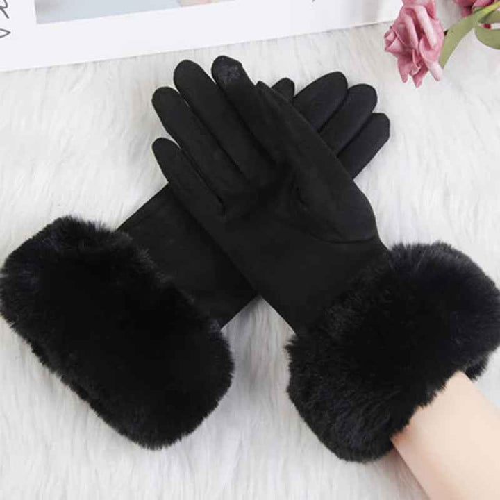 Fur Trim Wrist-Length Gloves | Solid Pattern Design Black One size