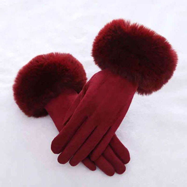 Fur Trim Wrist-Length Gloves | Solid Pattern Design Red One size