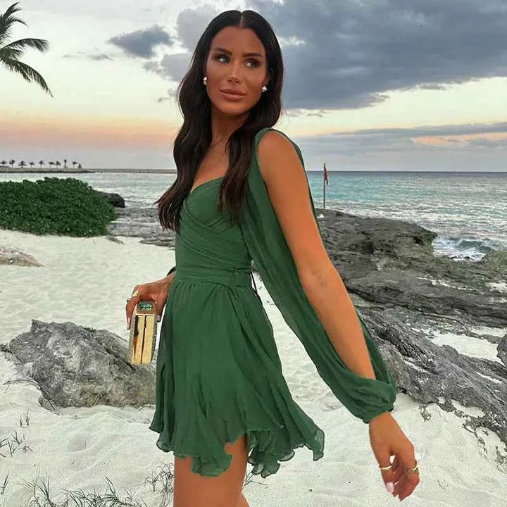 Women's A-Line Dress - Deep V-Neck, Long Sleeves, Ruffled Hem, Elastic Waist