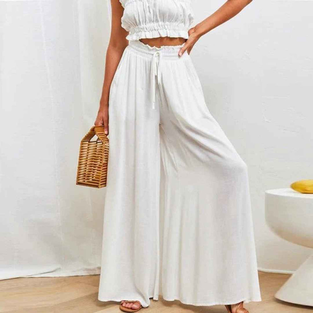 Gabriella | High Waist Elastic Pants with Drawstring – A-Line – With Pockets – Long and Airy White
