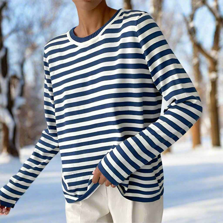 Gail | Striped Cotton Long Sleeve T-Shirt for Women Azure Blue