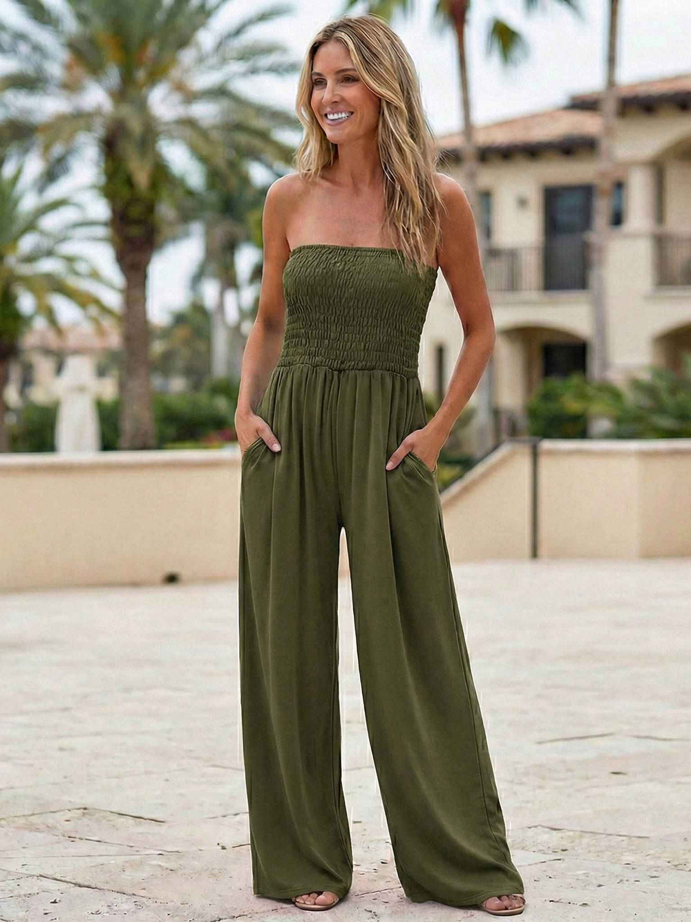 Women's Strapless Smocked Jumpsuit, Wide Leg Tube Top with Pockets