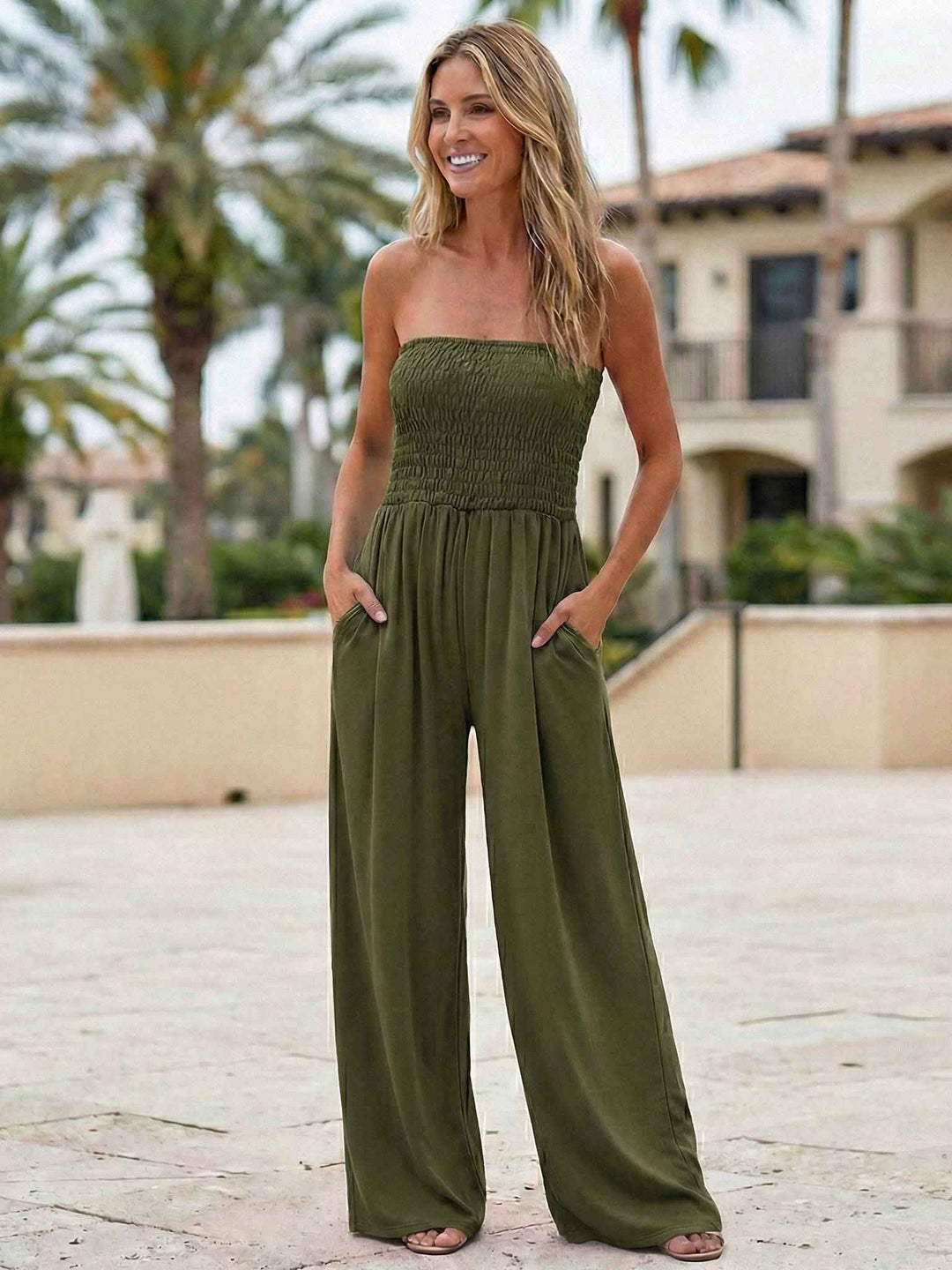 Women's Strapless Smocked Jumpsuit, Wide Leg Tube Top with Pockets
