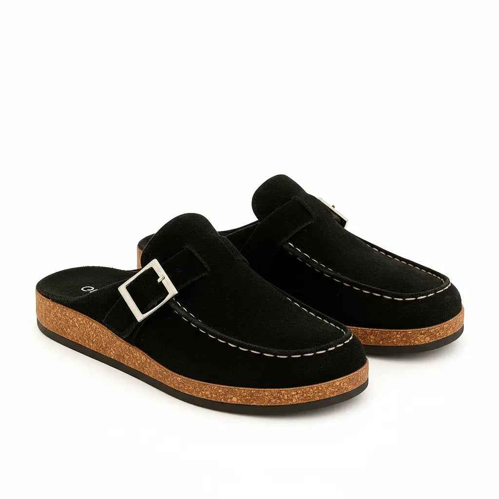 Women's Comfortable Wide Fit Mules – Stylish Suede Design Black