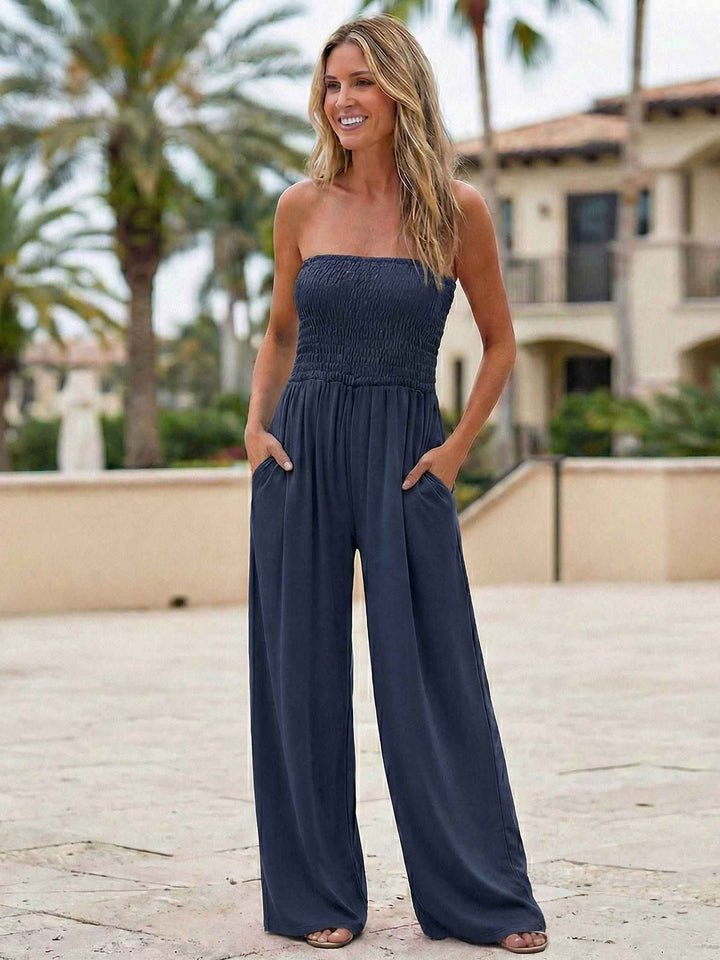 Women's Strapless Smocked Jumpsuit, Wide Leg Tube Top with Pockets