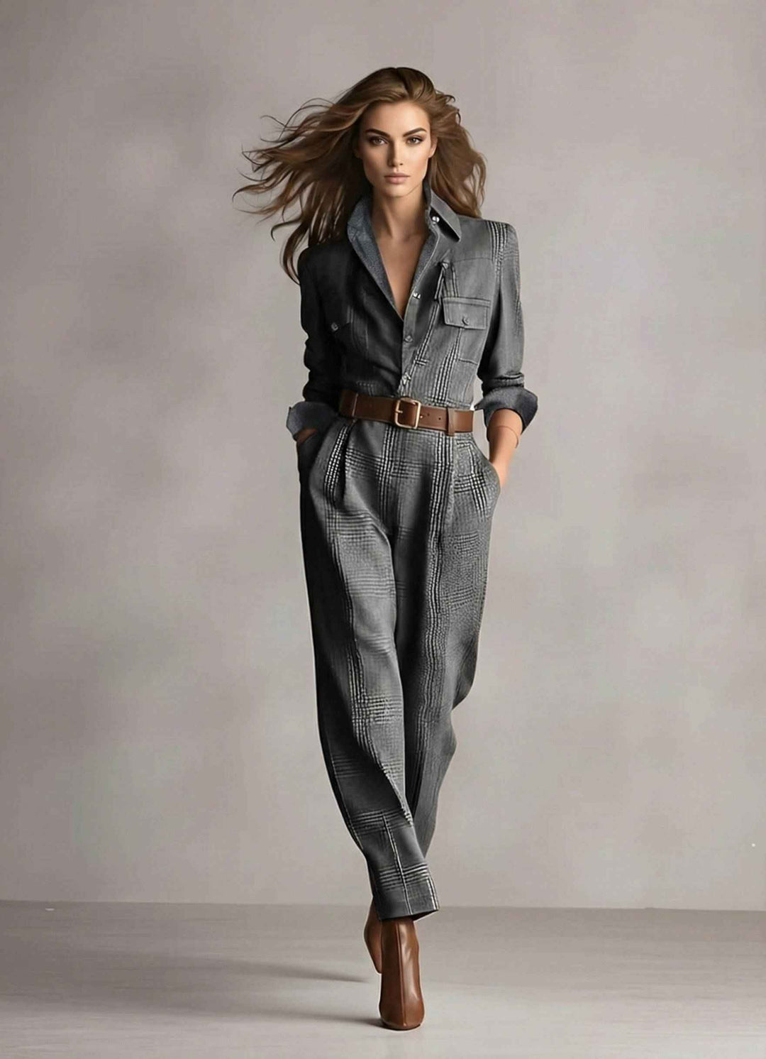 Women's Tailored Long Sleeve Plaid Jumpsuit with Belt