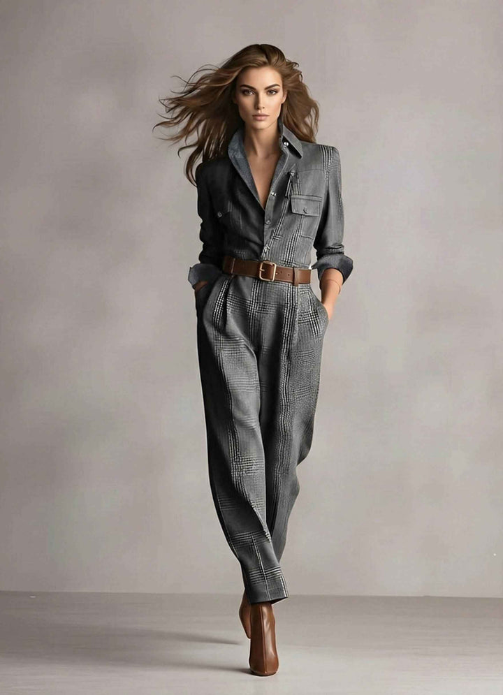 Women's Tailored Long Sleeve Plaid Jumpsuit with Belt