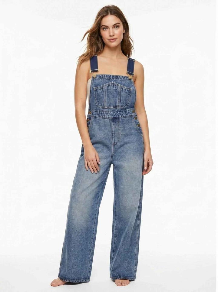 Women's Casual Sleeveless Wide Leg Denim Jumpsuit with Pockets