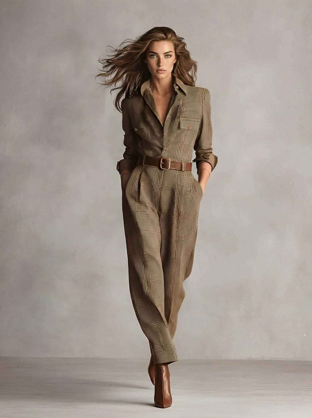 Women's Tailored Long Sleeve Plaid Jumpsuit with Belt