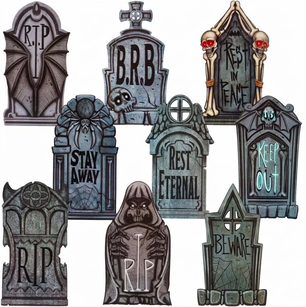 Halloween's 9 PCS 16 Inch Plastic Tombstones with Metal Stakes for Yard Decor Classic