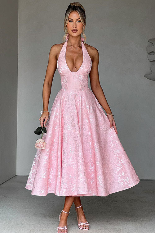 Sophia | Women's V-Neck Patterned Shift Maxi Dress for Date Night Pink