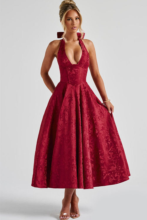 Sophia | Women's V-Neck Patterned Shift Maxi Dress for Date Night Wine Red