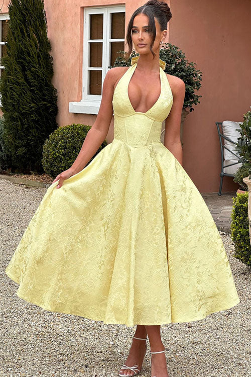 Sophia | Women's V-Neck Patterned Shift Maxi Dress for Date Night Yellow