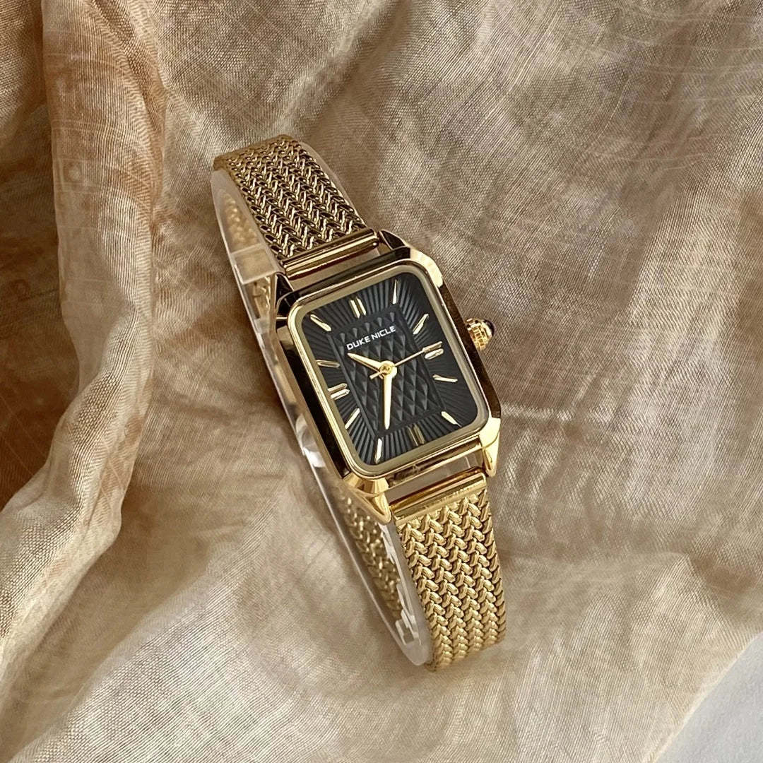 Geometric Rectangular Wristwatch with Mesh Band Textured Dial Black
