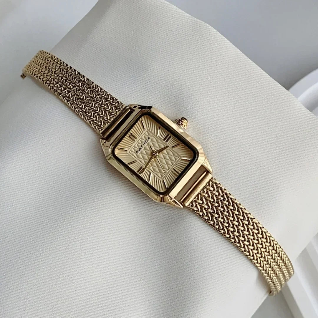 Geometric Rectangular Wristwatch with Mesh Band Textured Dial