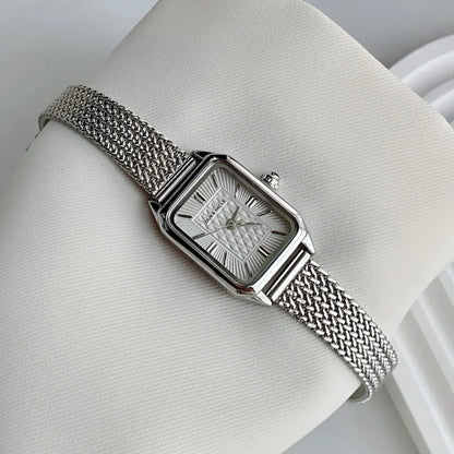 Geometric Rectangular Wristwatch with Mesh Band Textured Dial