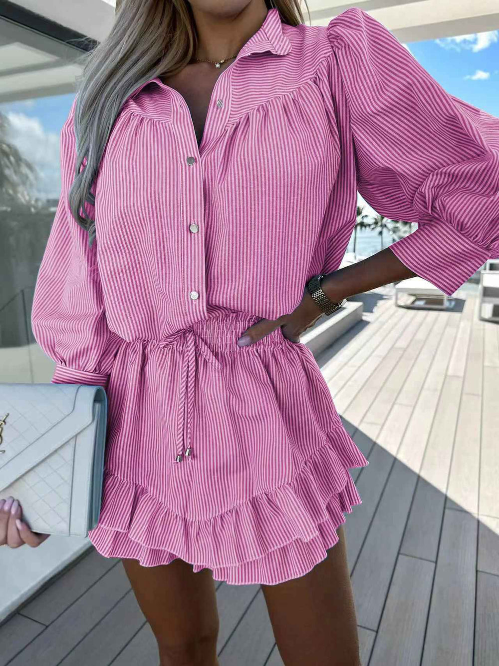 Women's Airy Two-Piece Set – Striped Blouse & Ruffled Miniskirt Pink
