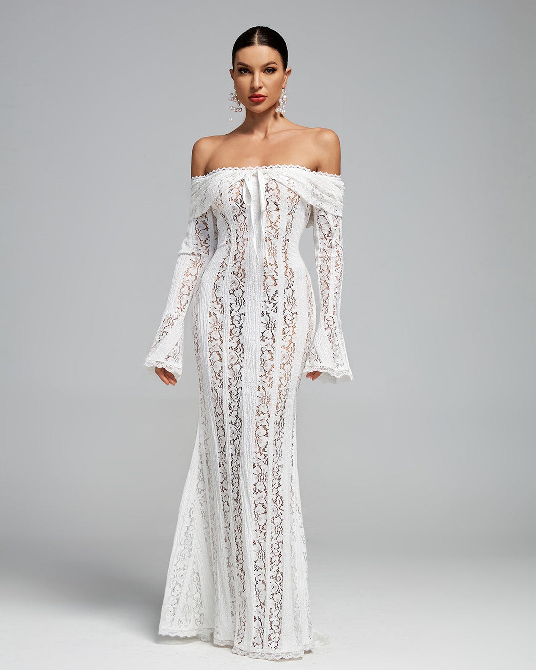 Luxe Off-Shoulder Maxi Dress in Lace for Women White
