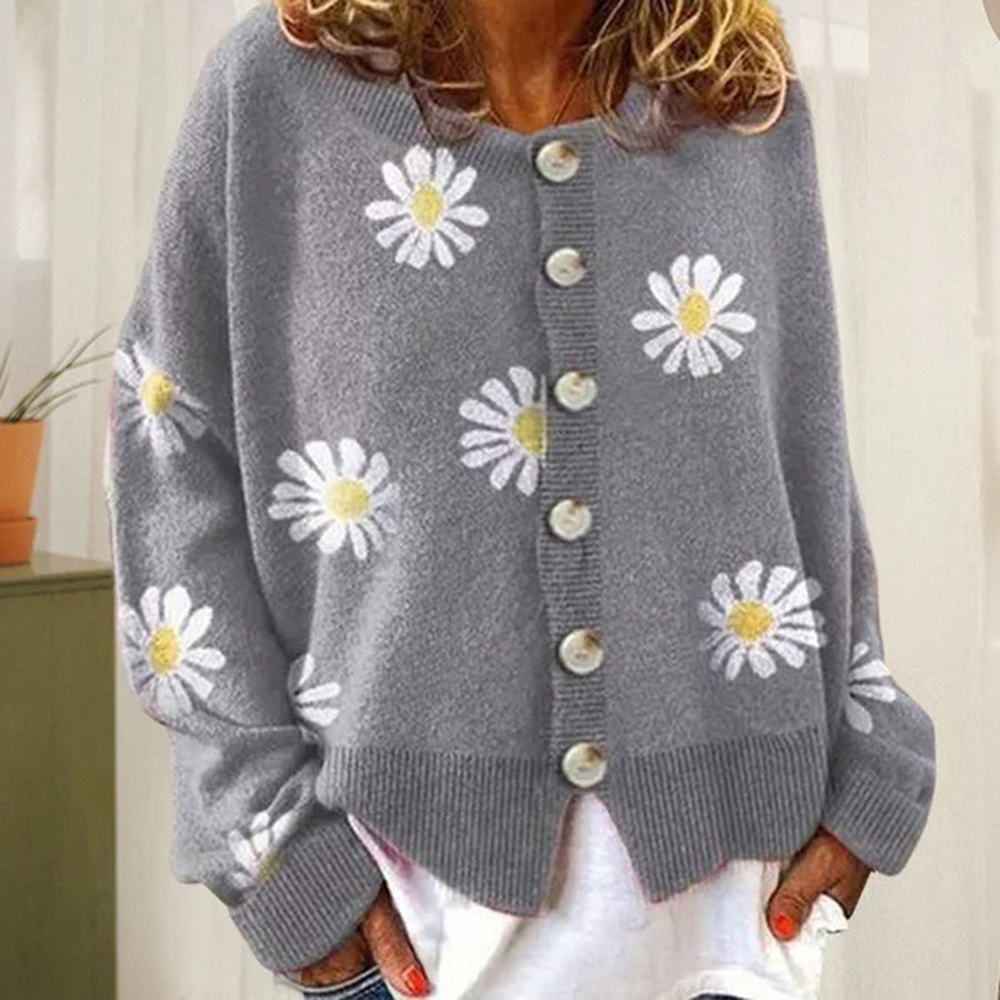 Women's Casual Floral Button Cardigan Grey