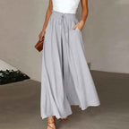 Women's High Waist Wide Leg Pants with Elastic Drawstring - Comfortable Fit Grey