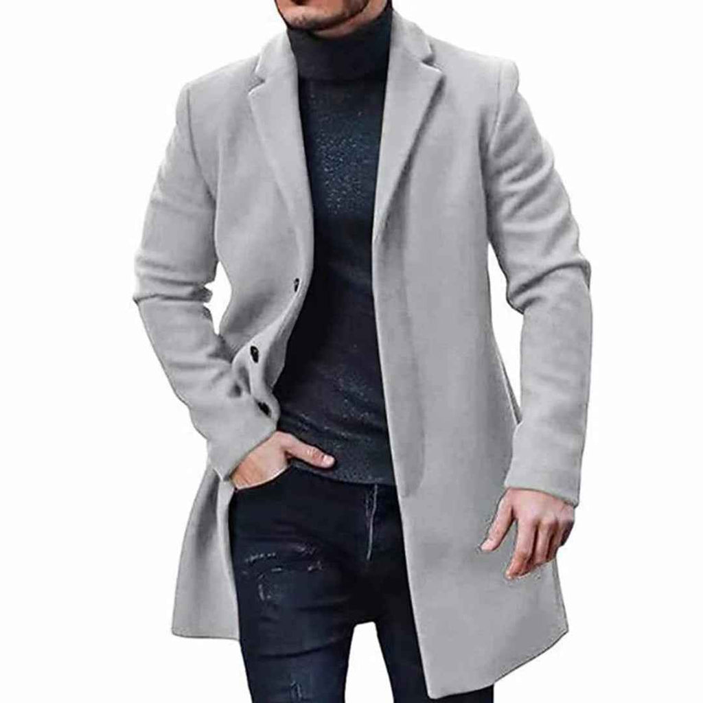 Men's Wool Blend Coat – Tailored Fit – Knee Length – Button Closure – Smart Casual Grey