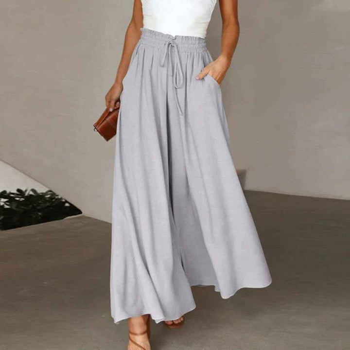 Gabriella | High Waist Elastic Pants with Drawstring – A-Line – With Pockets – Long and Airy Gray