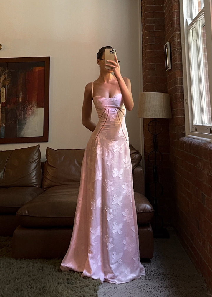 Grazia | Women's Luxe Pink Jacquard Maxi Dress with Corset Back