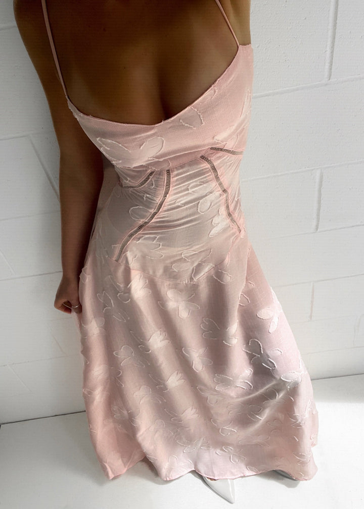 Grazia | Women's Luxe Pink Jacquard Maxi Dress with Corset Back