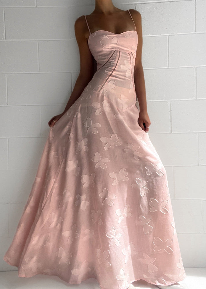 Grazia | Women's Luxe Pink Jacquard Maxi Dress with Corset Back