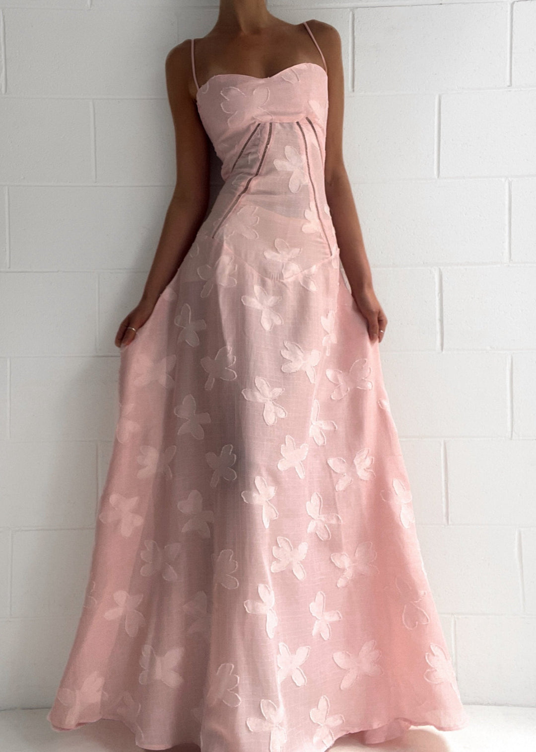 Grazia | Women's Luxe Pink Jacquard Maxi Dress with Corset Back