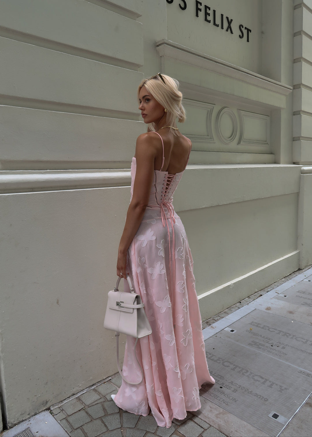 Grazia | Women's Luxe Pink Jacquard Maxi Dress with Corset Back