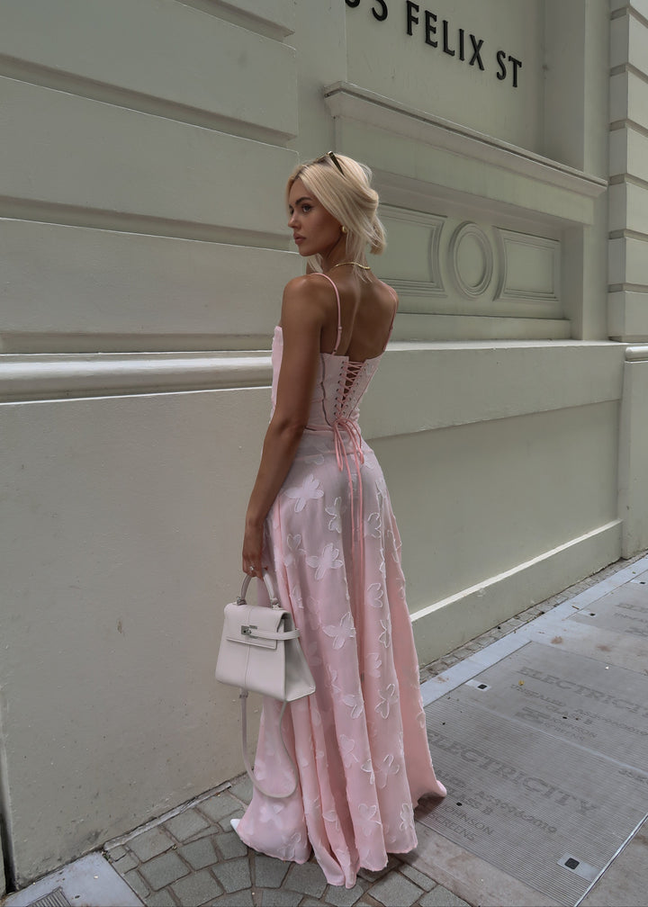 Grazia | Women's Luxe Pink Jacquard Maxi Dress with Corset Back