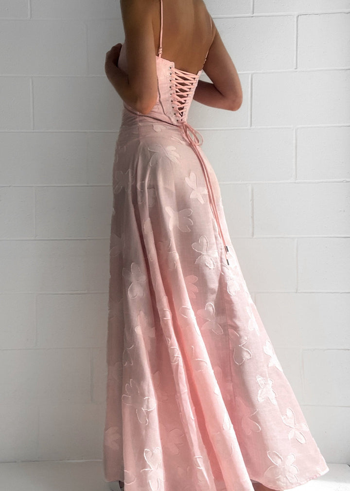 Grazia | Women's Luxe Pink Jacquard Maxi Dress with Corset Back