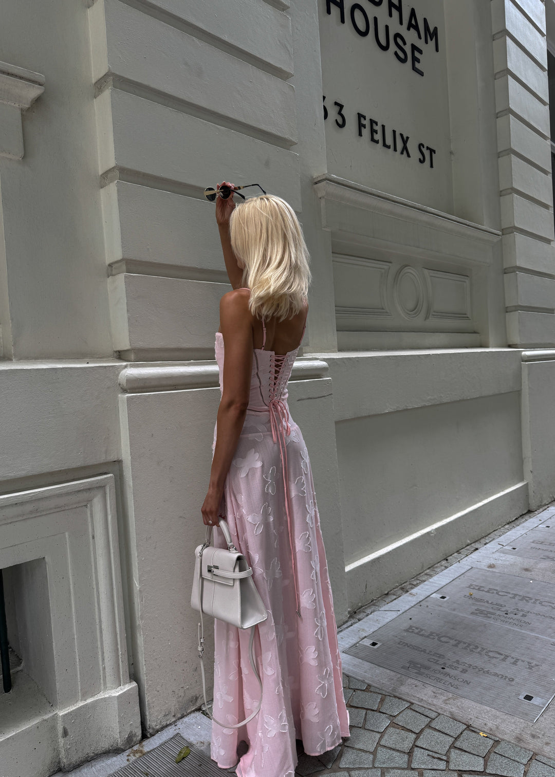 Grazia | Women's Luxe Pink Jacquard Maxi Dress with Corset Back