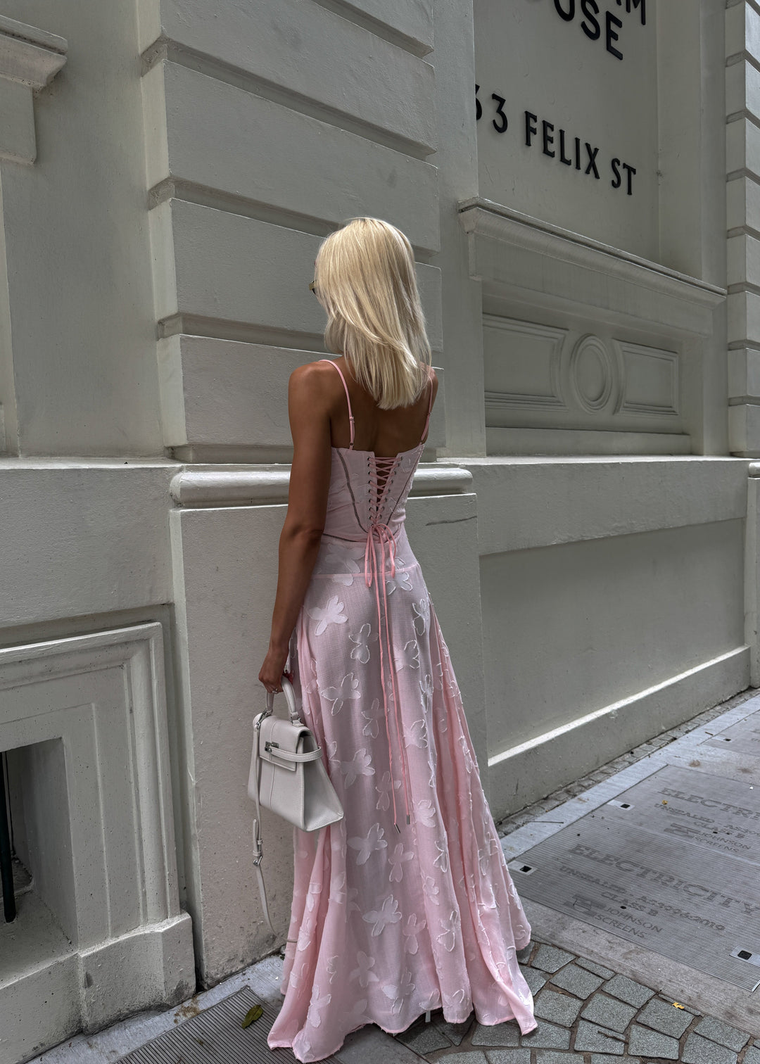Grazia | Women's Luxe Pink Jacquard Maxi Dress with Corset Back