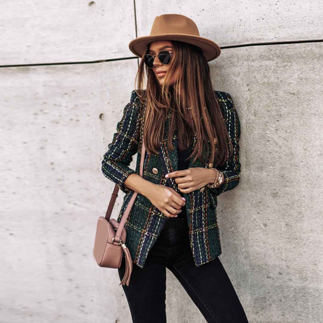 Women's Fitted Tweed Blazer - Check Pattern - Elegant Single Closure Green