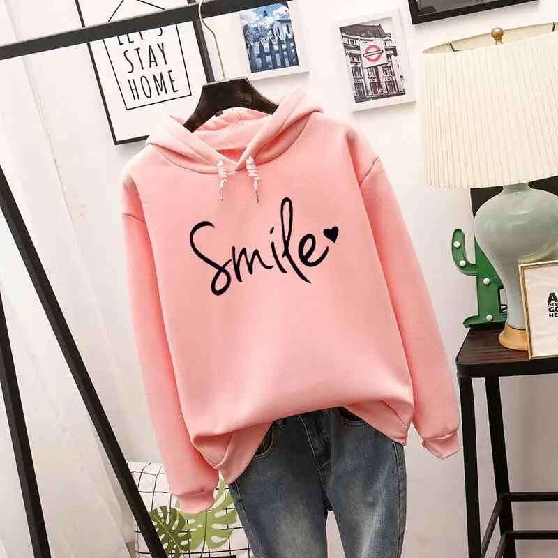 Women's Relaxed Fit Hoodie with Smile Graphic - Long Sleeve Casual Streetwear Pink