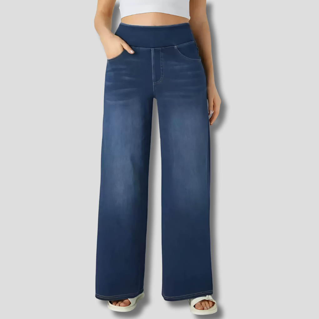 Women's High-Waisted Elastic Trousers Dark Blue