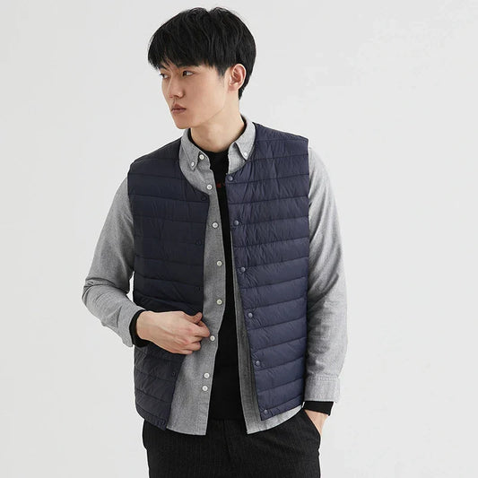 Men's Quilted Down Sleeveless Single Breasted Solid Black Winter Vest