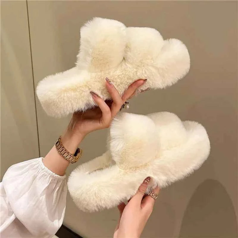 Women's Platform Plush Cotton Slippers – Thick Sole Indoor Fur Slides White