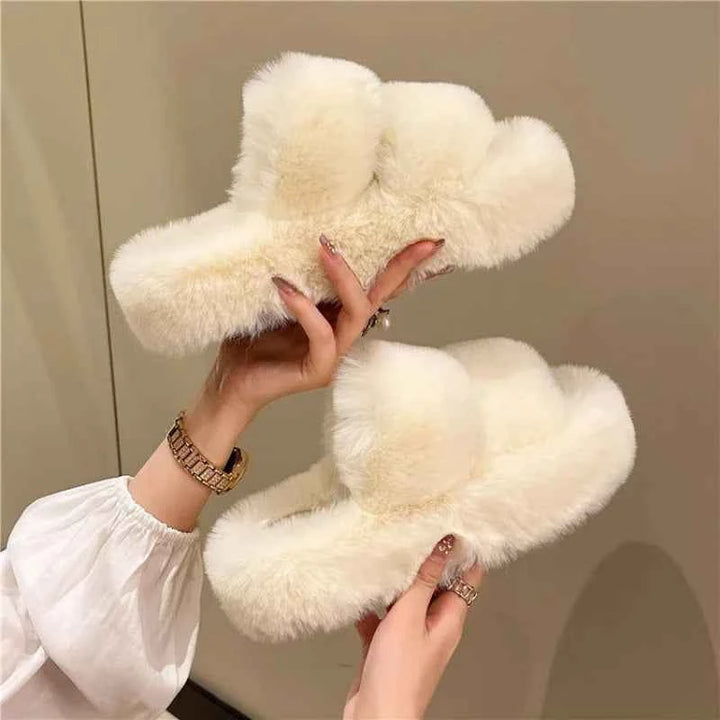 Women's Platform Plush Cotton Slippers – Thick Sole Indoor Fur Slides White
