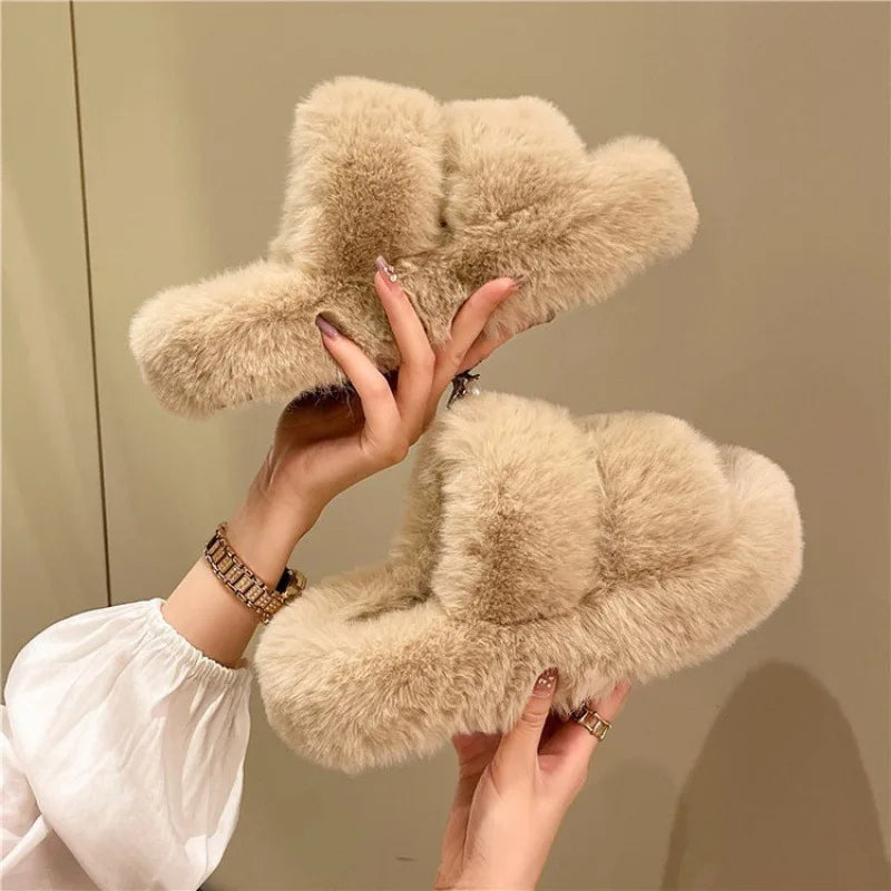 Women's Platform Plush Cotton Slippers – Thick Sole Indoor Fur Slides Coffee