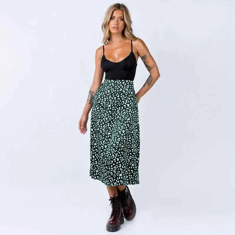 Womens's Leopard Print Midi Skirt with Slit Green