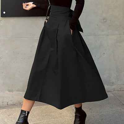 Women's High Waist A-Line Midi Skirt – Lightweight Breathable Fabric Black