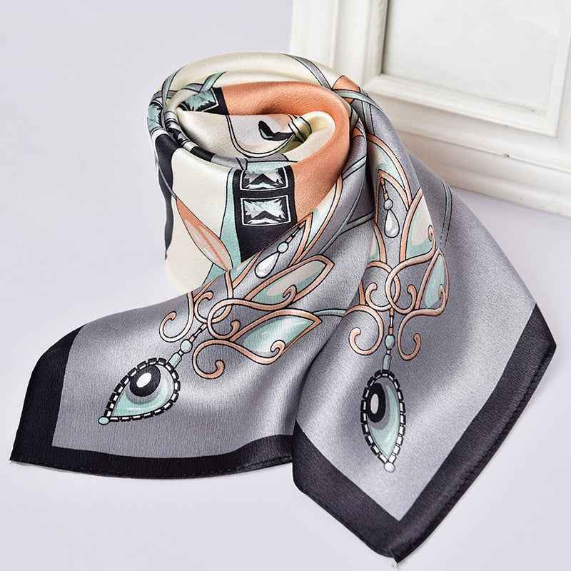 Women's Silk Square Scarf in Marseille Design Grey and Blue