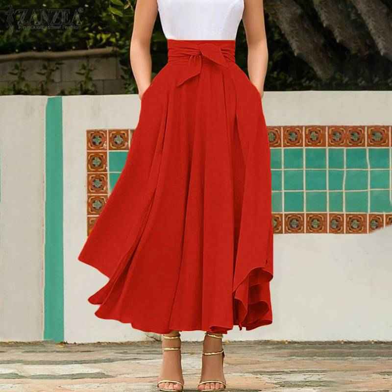 Women's A-line Maxi Skirt – Adjustable Waistband – Breathable Fabric – Convenient Pockets Red