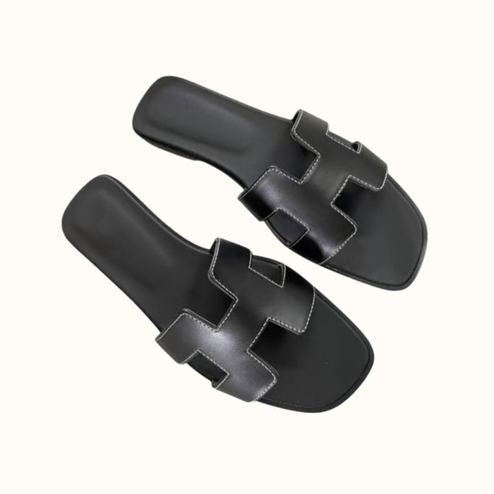H Design Sandal – Premium Faux Leather Slip-On Sandals Black