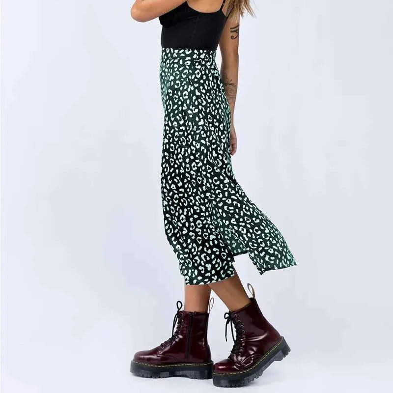 Womens's Leopard Print Midi Skirt with Slit