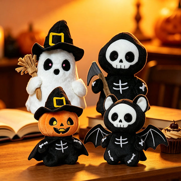 Halloween's Soft Plush Characters with Embroidered Faces and Designs 4pcs Ghost Sets