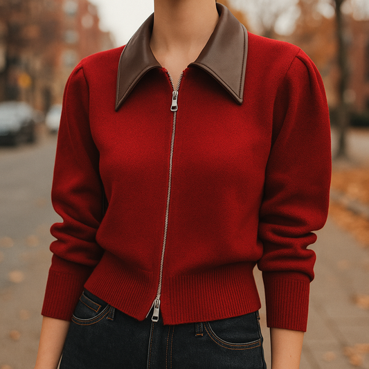 Handcrafted Wool Blend Knitted Leather Collar Winter Sweater Red